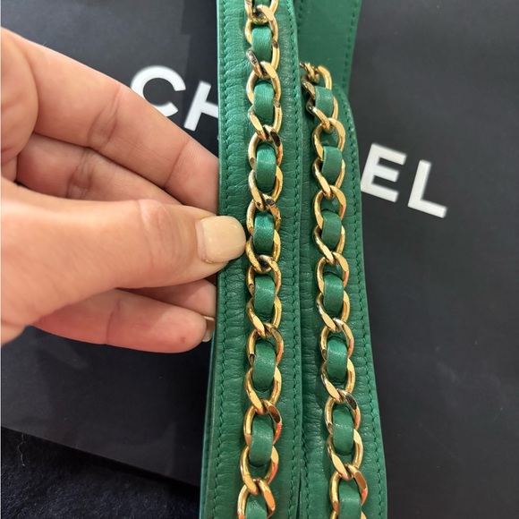 Authentic CHANEL green leather gold chain belt 70cm main image 4
